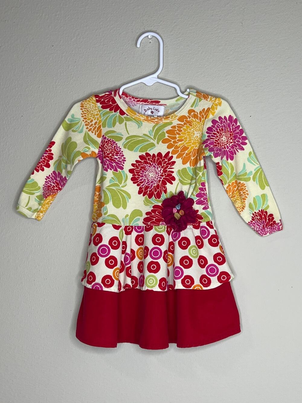 Vintage Baby Lulu Mixed Print Floral Geometric Long Sleeve Dress 24 Months